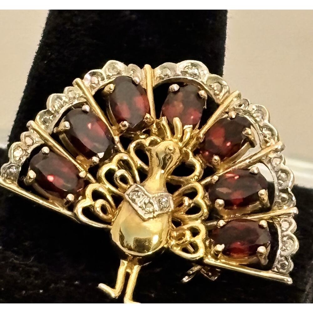 Vintage 14K Yellow Gold Garnet/Diamond PEACOCK Brooch/Pendant 5.9g